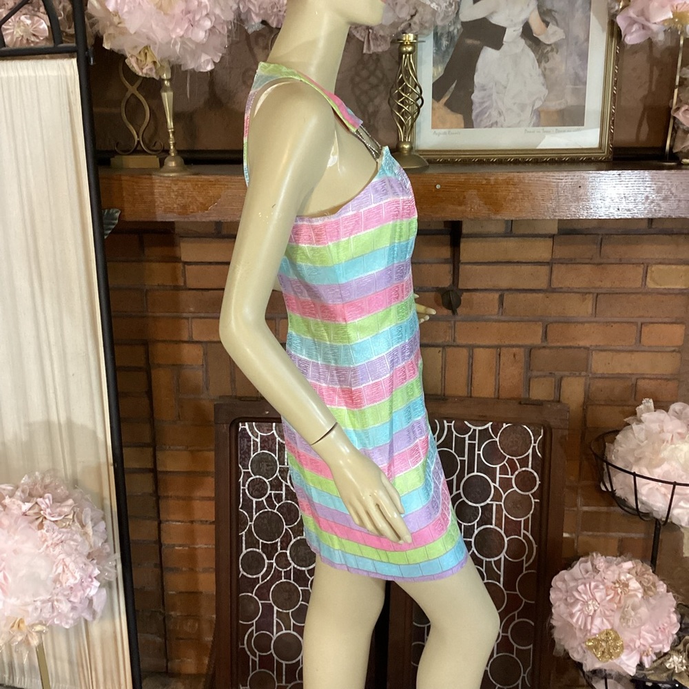 VINTAGE 1990'S CACHE MULTI-COLOR PASTEL W/RHINESTONE CUT OUTS SHEATH DRESS (2) - Picture 3 of 12